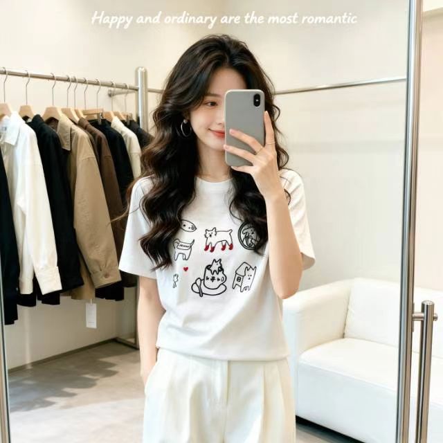 短袖休闲宽松大码青春少女雪花棉