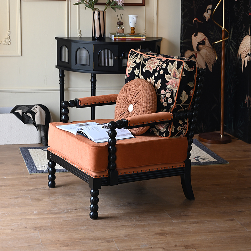 美式复古单人椅中古风老虎椅客厅阳台卧室休闲法式布艺单人椅子