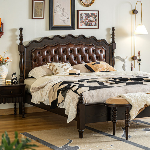 宜宝易森美式复古床法式全实木软靠真皮床主卧双人床黑胡桃色