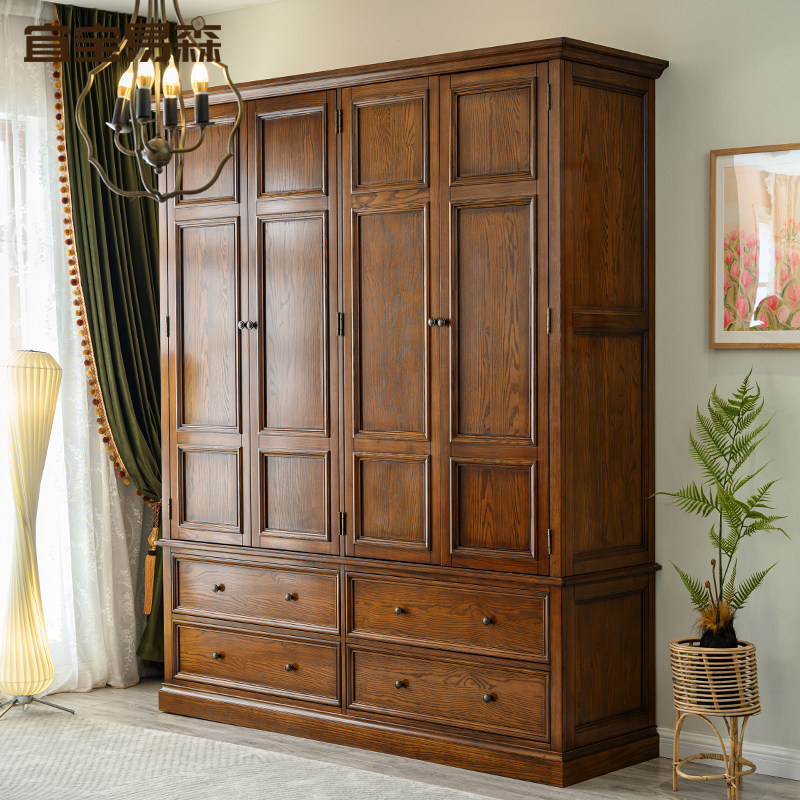 美式实木衣柜一体到顶大衣橱4门落地靠墙衣柜主卧复古加高柜子