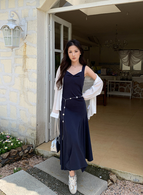 希同儿法式气质深蓝色吊带连衣裙女夏收腰显瘦高级感鱼尾裙长裙子