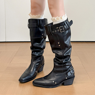 希同儿微胖女鞋复古显瘦尖头马丁靴加宽加肥高筒靴堆堆靴时尚皮靴