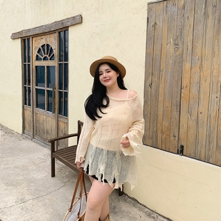 希同儿大码女装胖mm慵懒风宽松显瘦破洞麻花套头针织衫遮肉防晒衫