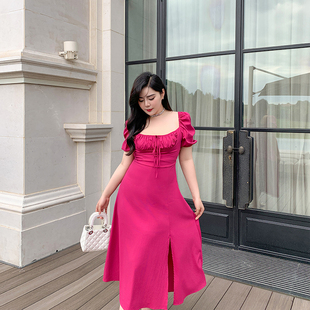 希同儿大码女装胖mm法式显瘦茶歇梅子酱枚红色方领连衣裙遮肚长裙