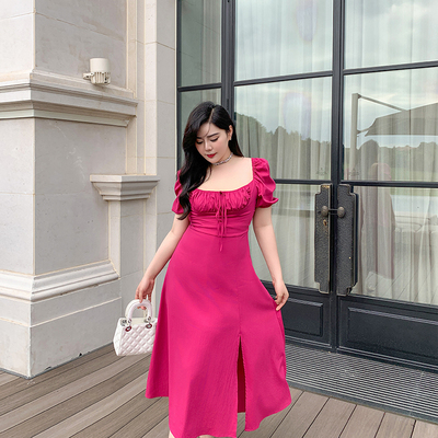 大码女胖mm法式茶歇枚红色连衣裙