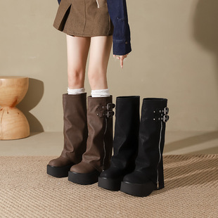 希同儿微胖女鞋增高厚底长筒靴加宽加肥显瘦裤管靴软底堆堆高筒靴