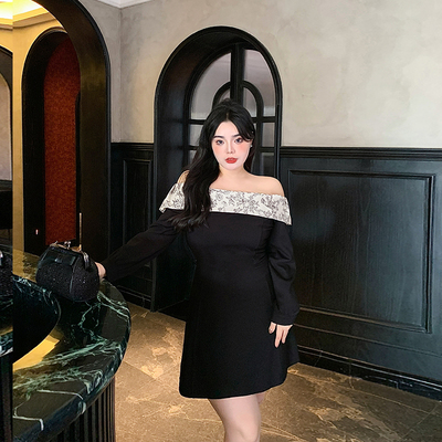 大码复古显瘦一字肩抹胸连衣裙