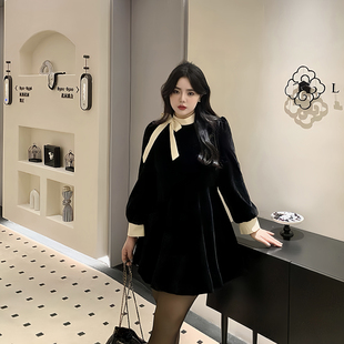 希同儿大码女装胖mm法式显瘦蝴蝶结撞色立领丝绒连衣裙遮肚小黑裙