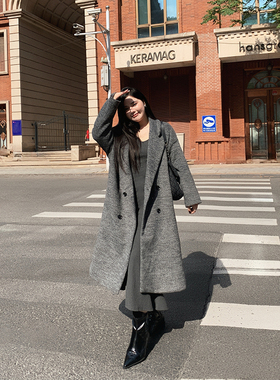 希同儿大码女装胖mm宽松显瘦高级感灰色羊毛呢大衣长款毛呢外套冬