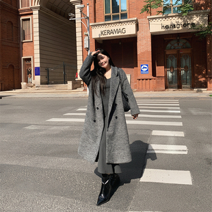 希同儿大码女装胖mm宽松显瘦高级感灰色羊毛呢大衣长款毛呢外套冬