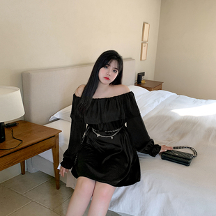 希同儿大码女装胖mm性感辣妹荷叶边垂感一字肩连衣裙遮肚显瘦裙子