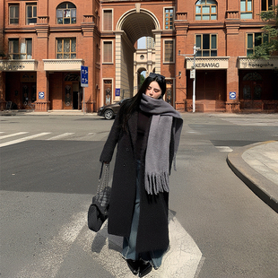 呢大衣长款 胖mm韩系高级显瘦黑色西装 加厚毛呢外套 女装 希同儿大码