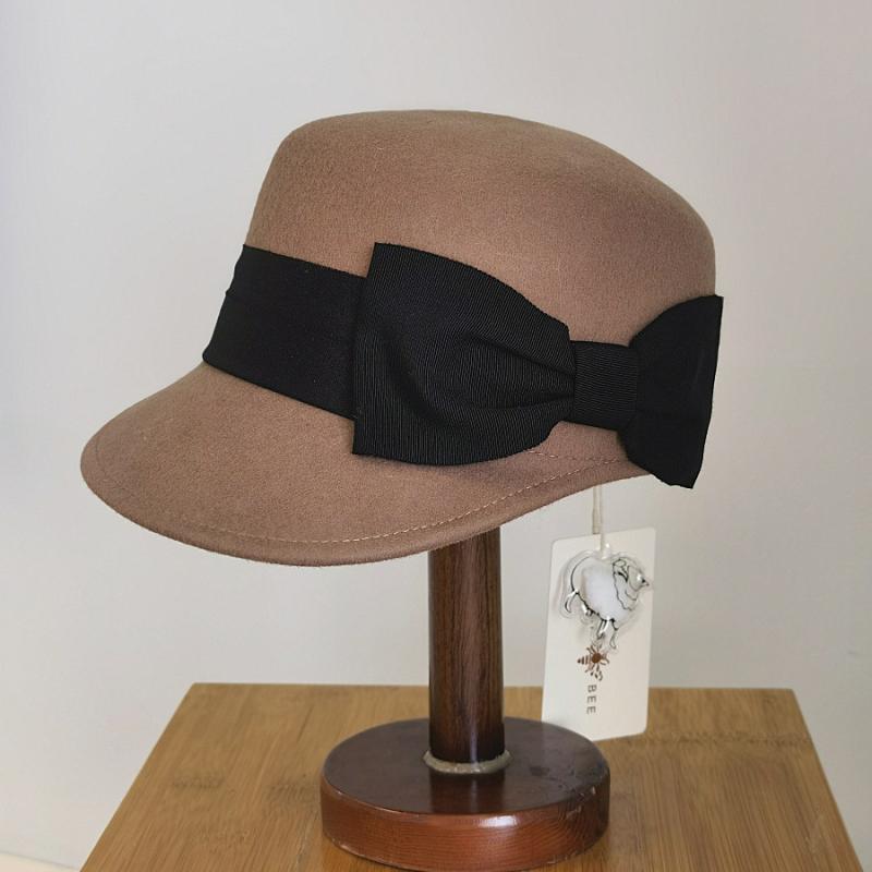秋冬日本款羊毛呢帽带蝴蝶结女复古休闲马术帽鸭舌帽时装帽毡帽