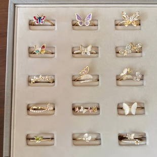 珐琅彩色滴釉蝴蝶珍珠贝母戒指女ins风小众高级感不掉色指环银饰