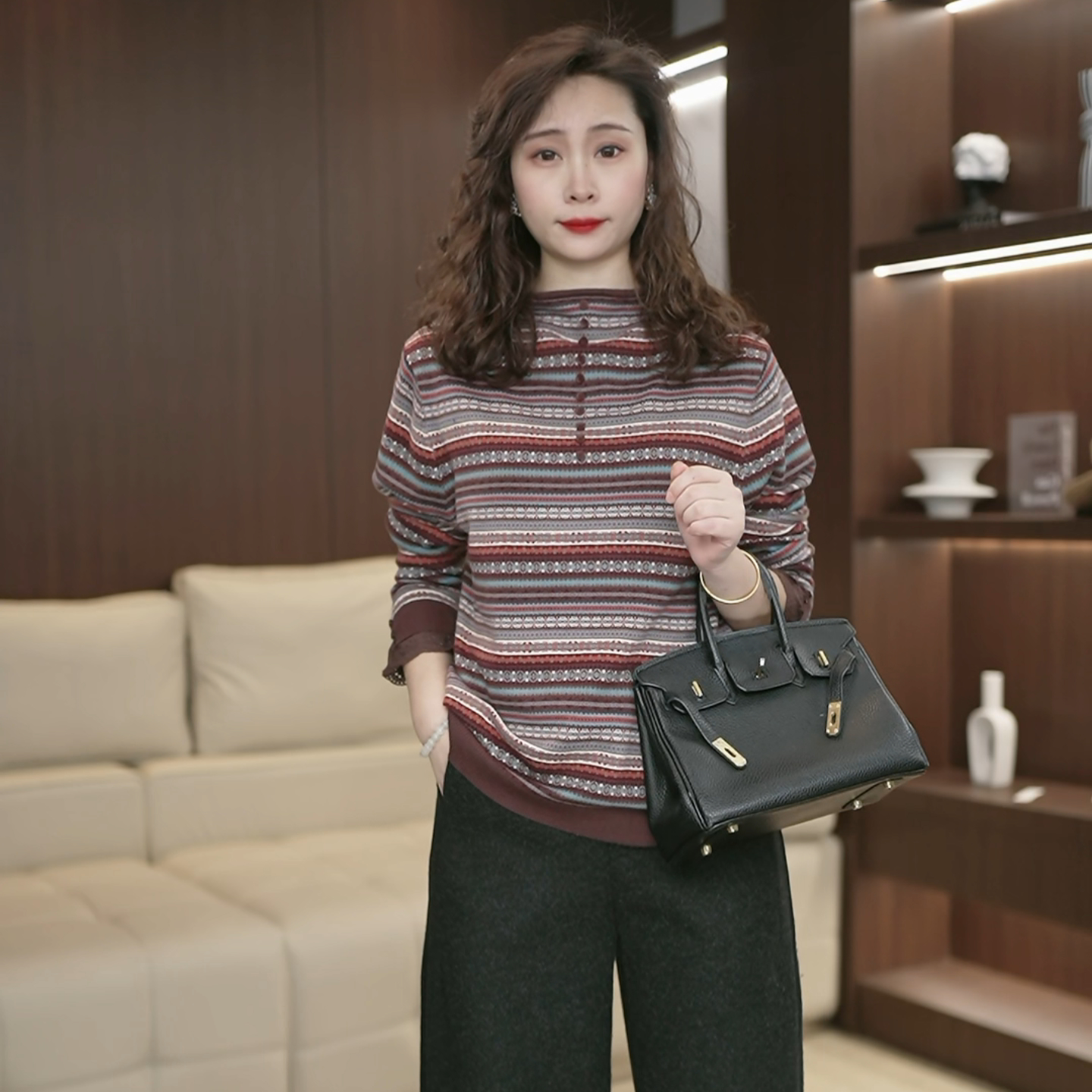 复古条纹高领针织上衣女宽松毛衣2025冬季新款流行爆款打底衫3798