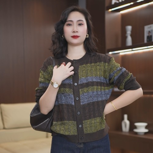 圆领麻花拼色条纹长袖针织衫女显瘦毛衣上衣舒适简约开衫外套4706