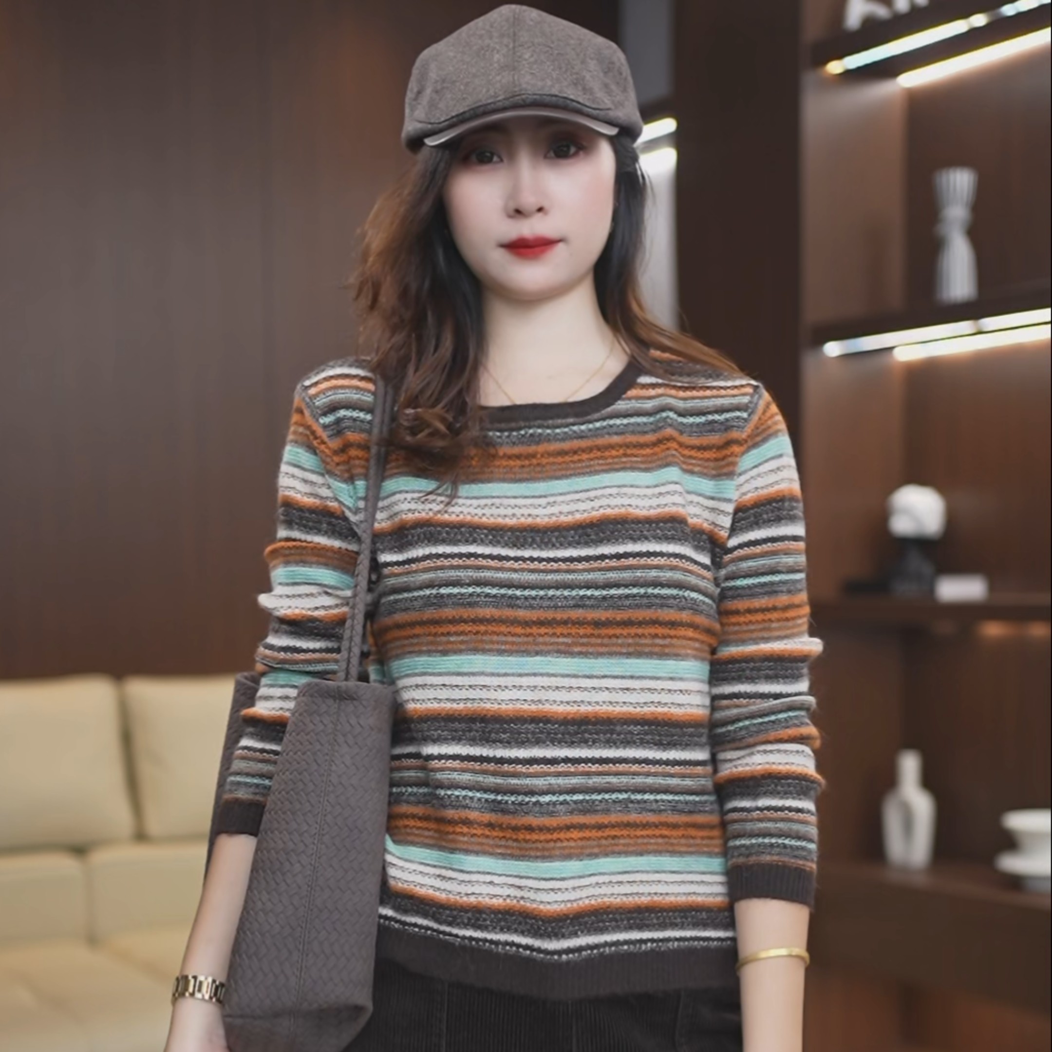 秋季新款复古条纹毛衣长袖针织衫女圆领套头减龄显瘦打底上衣4632