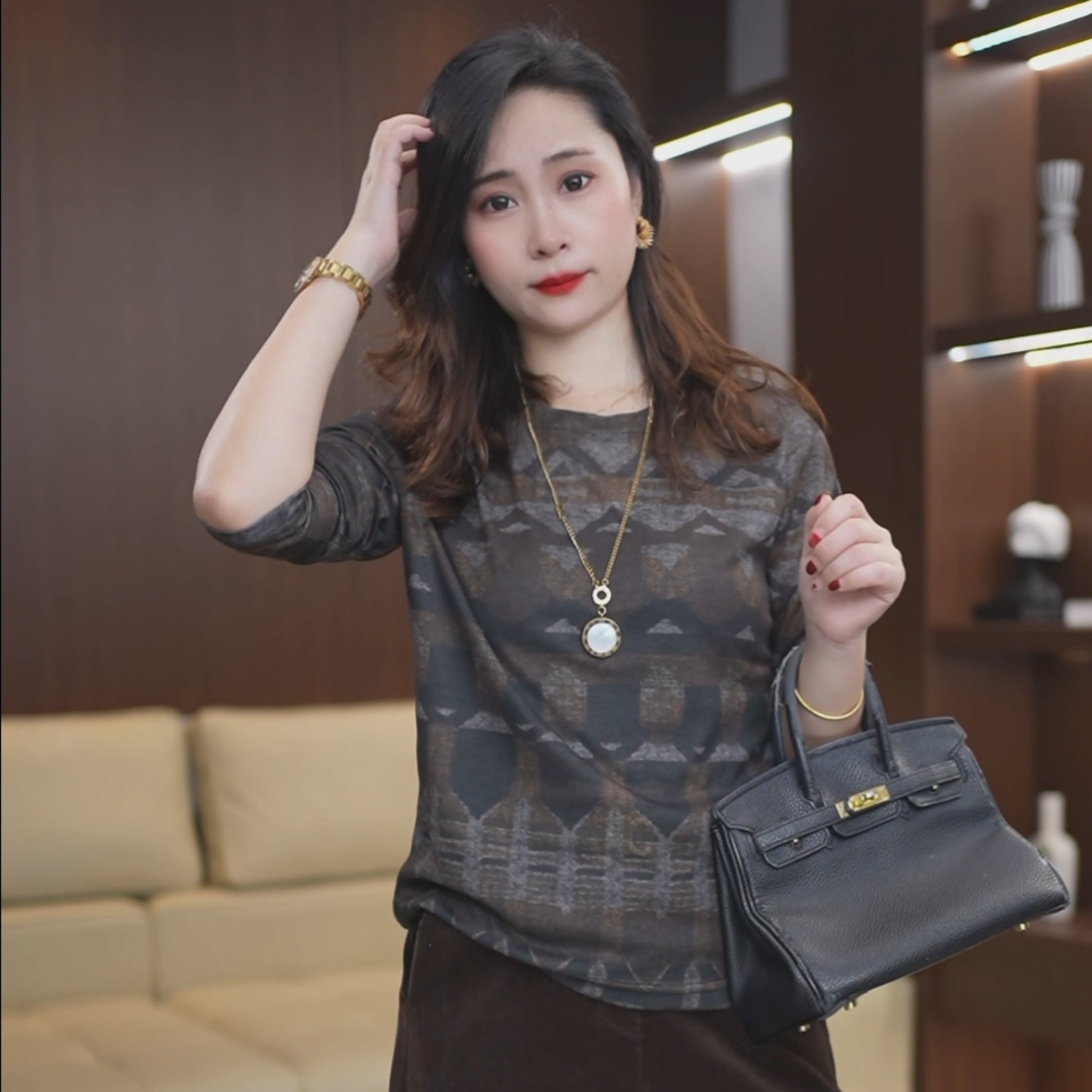 时尚复古印花长袖上衣女秋季新款洋气修身显瘦中年女装打底衫4624