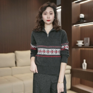 费尔岛提花半拉链立领女新款 上衣3831 秋冬慵懒风高级感针织衫