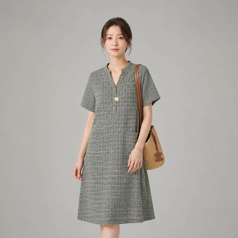 绿色格子连衣裙女新款2026夏季复古裙子大码胖mm遮肚子中长款4182