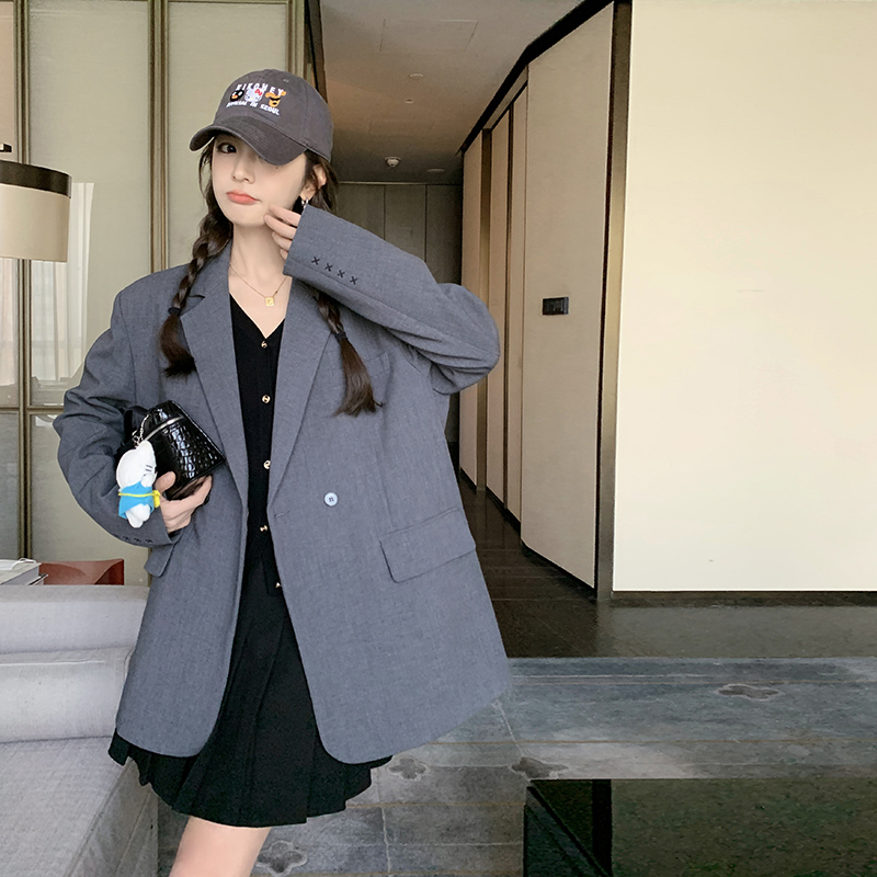 灰色休闲西装女春秋2025新款高级感韩版西服小个子学院风宽松外套