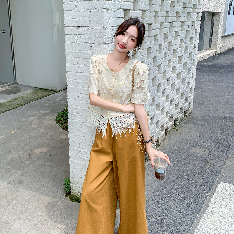 复古高级感一整套穿搭女2025夏季新款气质镂空流苏上衣阔腿裤套装