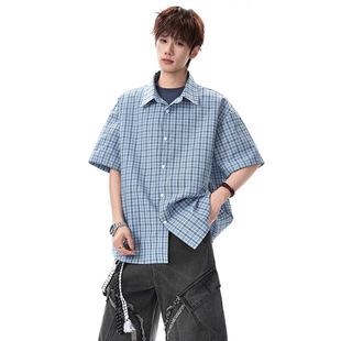 明星同款 新款 蓝色格子衬衫 男miu系学院风百搭衬衣户外运动休 夏季