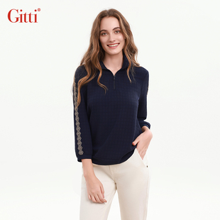 宽松大码 Gitti 女七分袖 吉蒂秋款 上衣G255010 格子花朵POLO衫