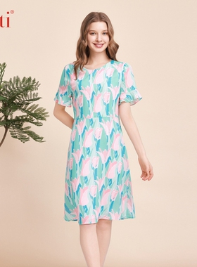 Gitti/吉蒂春夏新品花卉印花喇叭袖裙子女收腰显瘦连衣裙G241087