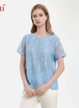 Gitti/吉蒂简约时尚优雅气质蕾丝衫女宽松大码短袖上衣G251030