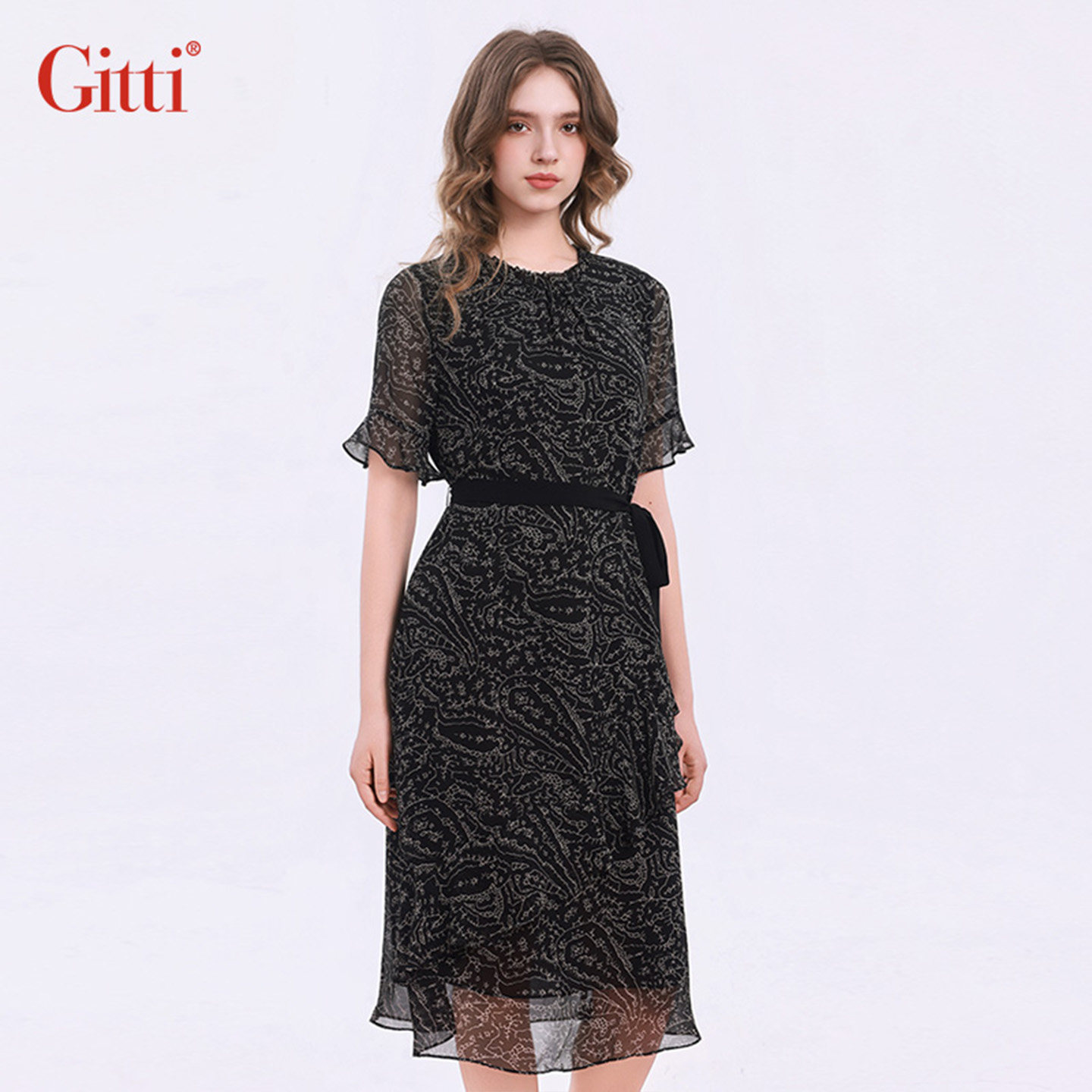 Gitti/吉蒂束腰显瘦荷叶边雪纺连衣裙女优雅圆领中长裙子G261110,女装/女士精品,连衣裙,淘宝优惠券,粉丝福利购,淘宝优惠卷