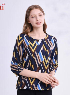 Gitti/吉蒂秋款几何印花七分袖T恤女宽松大码圆领中袖上衣G245041