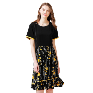 Gitti/吉蒂时尚收腰印花拼接连衣裙大码圆领显瘦短袖女装G211409