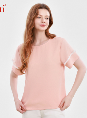 Gitti/吉蒂蕾丝花边圆领T恤女宽松大码短袖上衣G251031