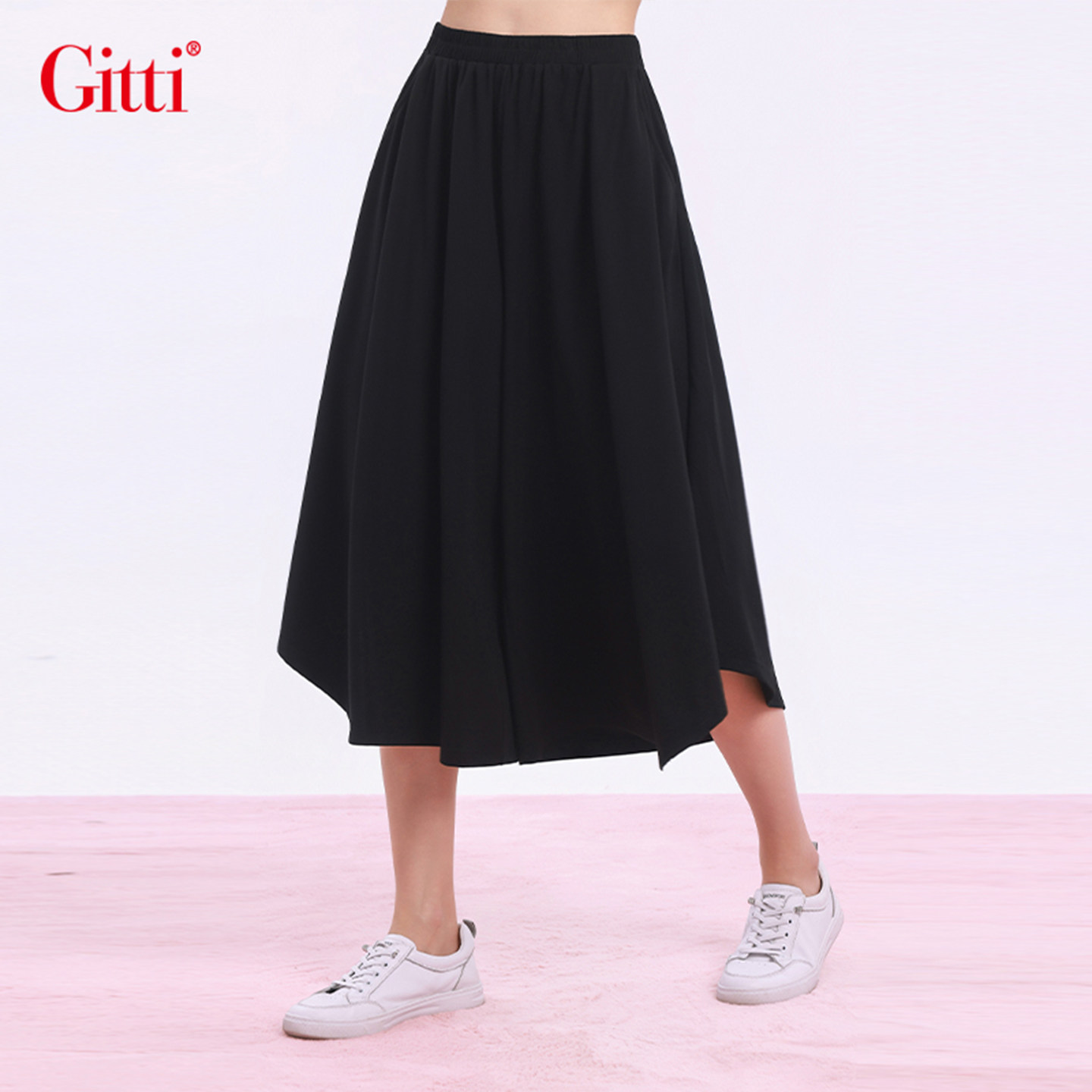 Gitti/吉蒂宽松大码裙裤女松紧腰斜口袋七分裤G261470