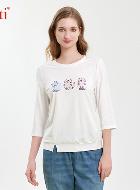 Gitti/吉蒂新品印花弹力舒适亲肤棉T恤女减龄圆领大码短袖G251121