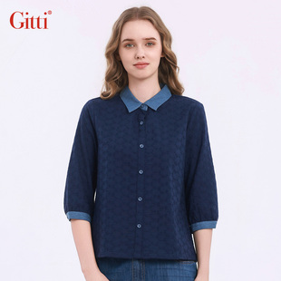 Gitti/吉蒂拼接拼色刺绣衬衫女棉舒适亲肤七分袖衬衣G261037