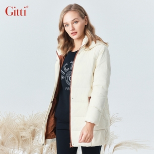 Gitti/吉蒂时尚连帽鸭绒羽绒服女中长款大码保暖加厚外套G235113