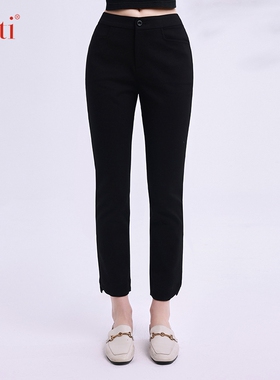 Gitti/吉蒂秋款松紧腰微弹休闲裤女棉直筒百搭通勤九分裤G245107