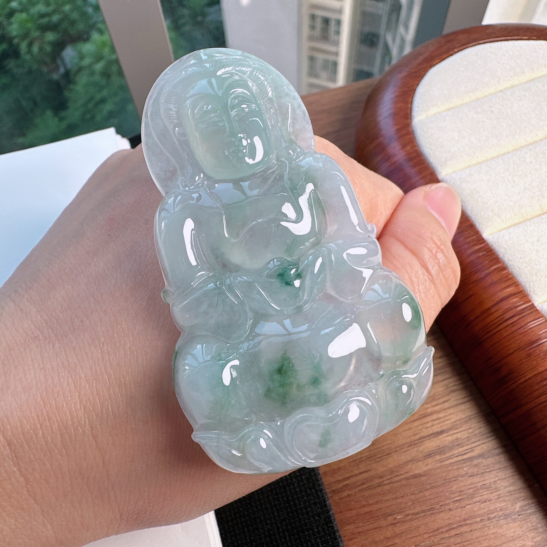 天然缅甸A货翡翠冰飘花观音大件吊坠挂件新品