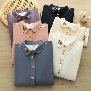 秋冬新款磨毛文艺加绒加厚刺绣衬衫女宽松纯棉百搭保暖打底衣衬衣