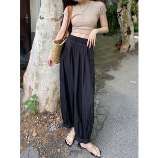 褶皱感肌理纹阔腿裤女夏季高腰休闲直筒宽松