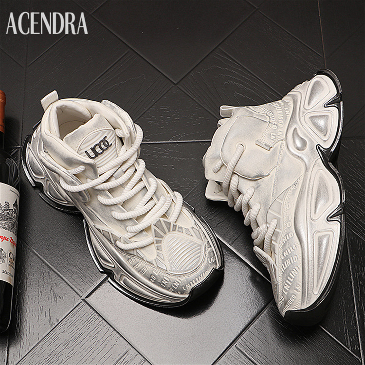 ACENDRA 男士奢品高帮男鞋老爹鞋厚底增高休闲鞋复古运动鞋白色鞋