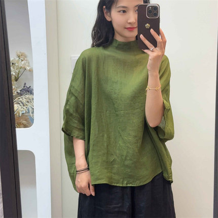【羽翎】夏季百搭宽松纯色飘带薄款苎麻女士衬衫 23085