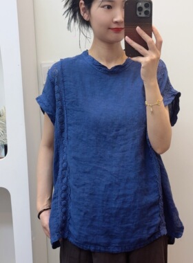 夏季新款宽松休闲复古镂空花边亚麻女士衬衫短袖6141-B