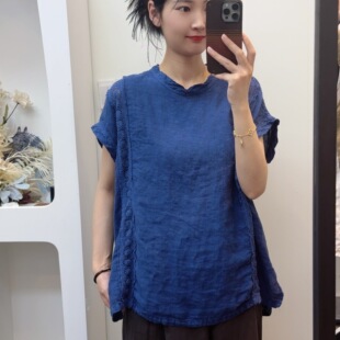 夏季新款宽松休闲复古镂空花边亚麻女士衬衫短袖6141-B