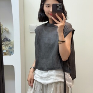 羽翎】夏季苎麻飘带清凉简约风女士背心衬衫 84301