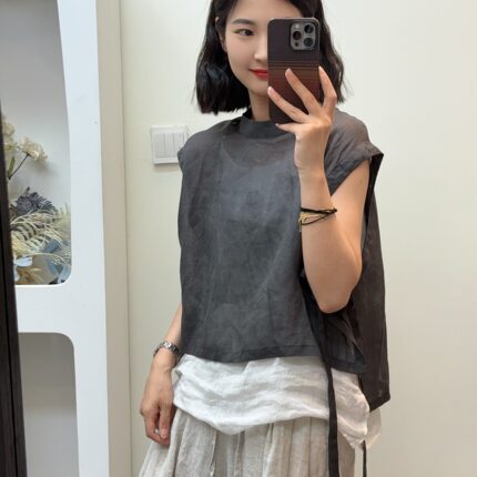 羽翎】夏季苎麻飘带清凉简约风女士背心衬衫 84301