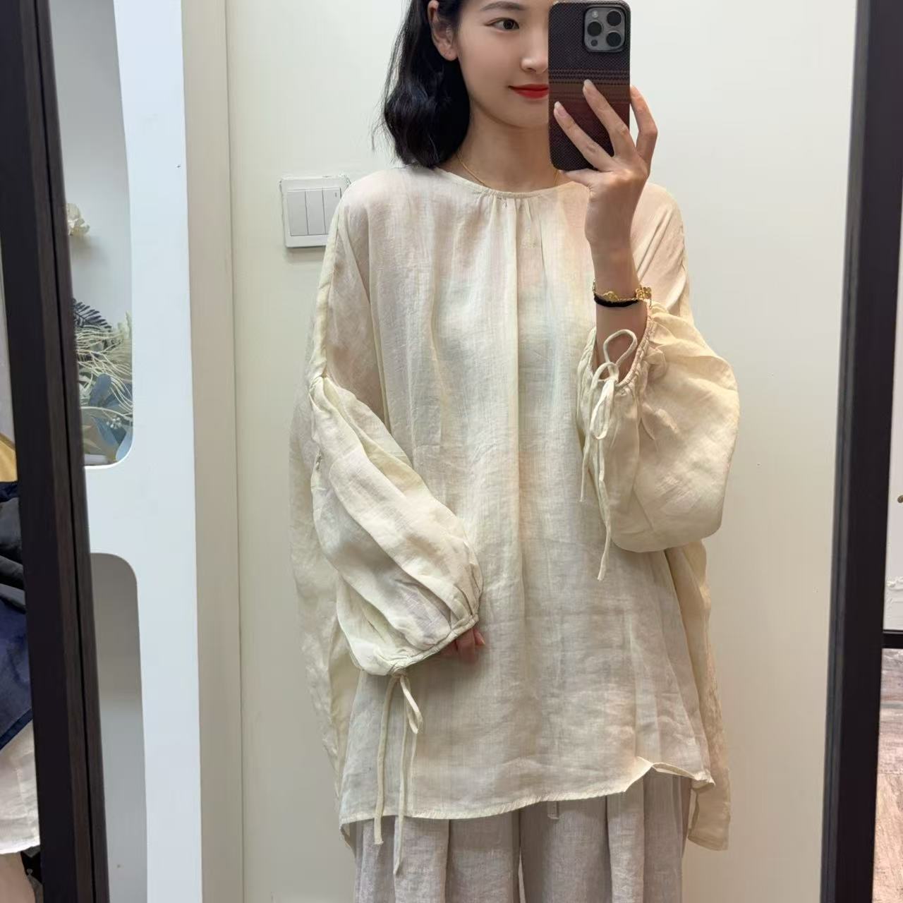 【羽翎】夏季先看长袖防晒苎麻圆领女士衬衫 25156