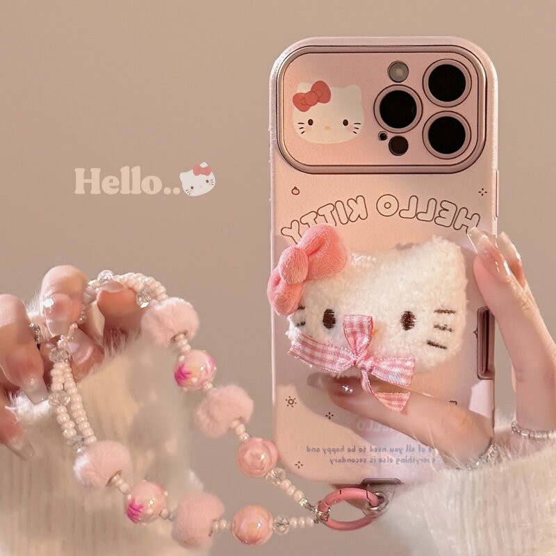 可爱粉蝴蝶结猫适用iphone16promax手机壳苹果17立体皮质15plus手链14pm秋冬新款13超好看12可爱女款11保护套
